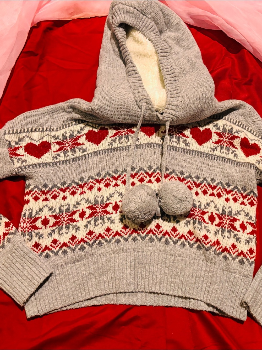 Obey Gray Hooded Fair Isle Sweater with Red Heart Accents